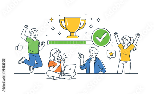A gamification and user engagement scenario where platforms highlight achievements and milestones through visual rewards, depicted through a simple scene with a trophy