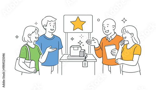A retail showcase environment where customers explore a highlighted product display in-store, illustrated by a small group interacting near a simple stand with a star and