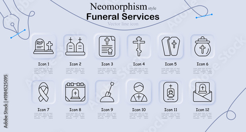 Funeral set icon. Tombstone, graves, document, cross, coffin, urn, ribbon, calendar, shovel, priest, photo, condolence letter, mourning ritual, memorial ceremony.