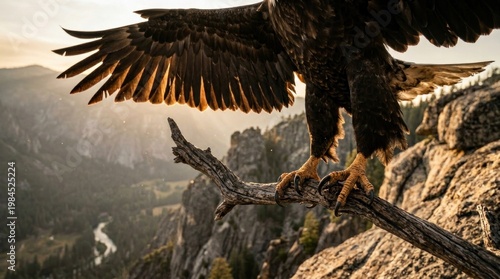 Majestic eagle swooping over rugged mountain canyon at sunset.