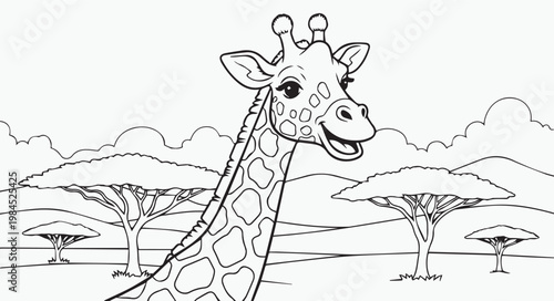 Cartoon giraffe coloring page with long neck, savanna trees, hills, and clouds, perfect for children’s activities, wildlife art, and printable coloring sheets