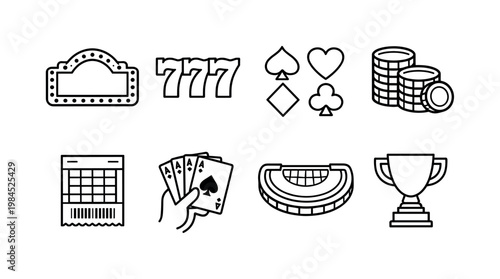 Gambling elements: jackpot sign, lucky seven, card suit symbols, coin stack, betting ticket, hand with cards, casino table, prize cup.