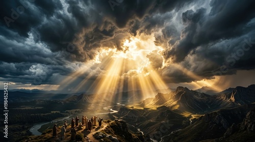 Sunrise rays breaking through storm clouds over mountainous fjord village.