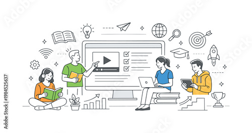 Individuals developing skills and accessing knowledge through flexible and technology-driven education systems in everyday life, visualized with a metaphor of a central