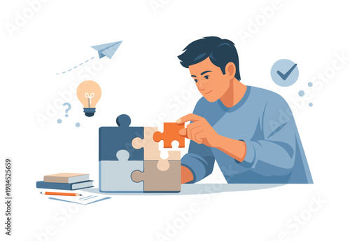 An individual working through a complex problem in a focused environment, represented by a person placing a final piece into a simple puzzle structure, symbolizing