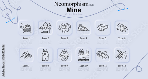Mine set icon. Train wagon, miner with pickaxe, rock explosion, bulldozer, tunnel, tools, dynamite, overalls, helmet worker, landscape trees, gear work, mining line icons