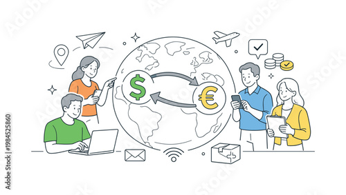 Person transferring funds internationally using an online service to support remote payments and global transactions, visualized with a metaphor of two simplified
