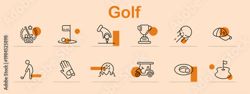 Golf set icon. Line symbols depict golf award, hole flag, swing player, trophy cup, flying ball, golf cap, golfer, glove, water hazard, golf cart, sand bunker, putting hole.