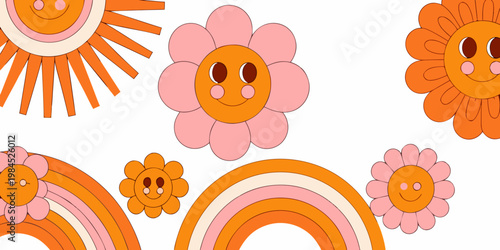 Retro style illustration of smiling flowers and rainbow arcs on white