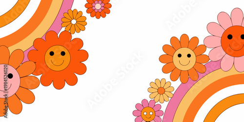 Colorful cartoon flowers and rainbow arcs decorate a white background