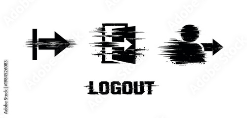 Digital exit and logout theme, a set of 3 glitch-distorted monochrome objects placed on a perfectly clean white background, each object exhibiting its own localized