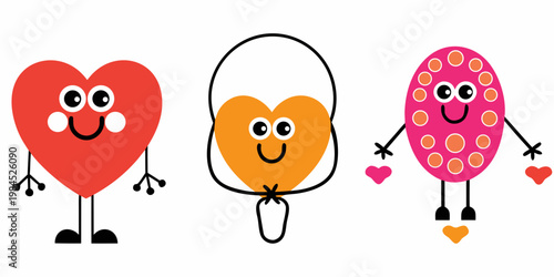 Three whimsical cartoon heart shapes with faces and limbs illustrated