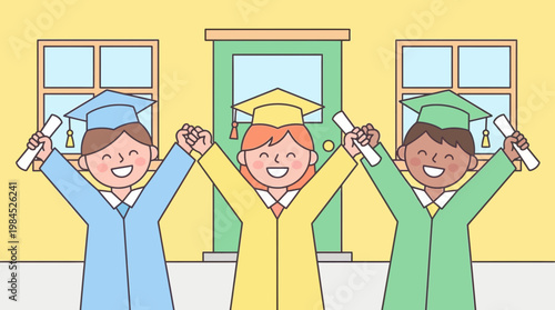 Happy children in graduation gowns celebrating kindergarten graduation indoors