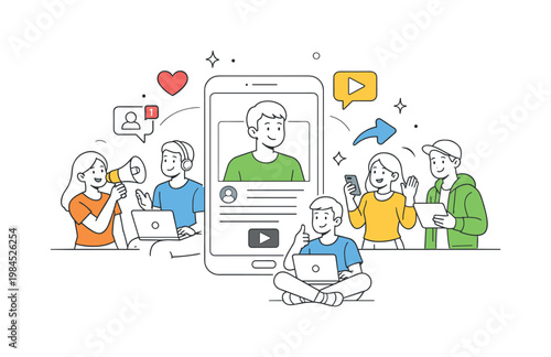 Individual creating and sharing engaging content on social media platforms to build an audience and personal brand in a modern digital environment, illustrated through a