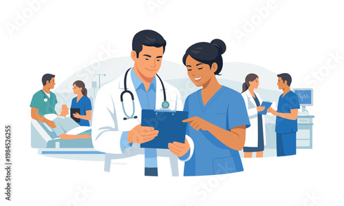 Healthcare teamwork scene where doctors and nurses coordinate tasks and communicate effectively to ensure patient wellbeing, emphasizing collaboration, efficiency, and