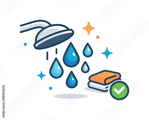 Bathroom amenities and hospitality services shown as a facility concept, a minimal shower head paired with a small droplet cluster representing available water services