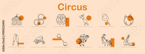 Circus set icon. Line symbols depict circus tent, juggling rings, lion head, acrobat jump, fire torch, ring of fire, juggling clubs, trained bird, balance stick, clown performer, circus horse