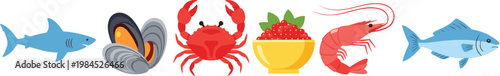 Set of Seafood Icons Including Shark, Mussels, Crab, Shrimp, and Fish for Healthy Eating, Seafood Market, and Nutrition Themes