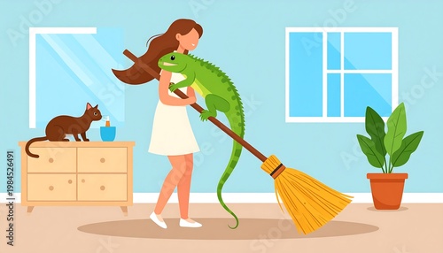 Woman Sweeping with Lizard.