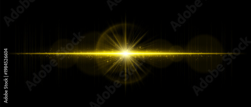 Abstract glowing energy burst with radiant light waves and horizontal beam, dynamic lens flare effect with sparkling particles and subtle motion on dark background