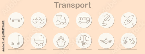 Transport set icon. Line symbols depict skateboard, bicycle, steam train, bus vehicle, traffic signal, kayak boat, scooter, baby stroller, cargo ship, hot air balloon, airplane, motorbike
