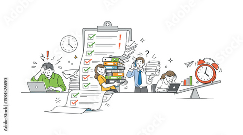 Overwork productivity imbalance concept illustrating professionals overwhelmed by responsibilities while trying to maintain performance in a structured office setting,