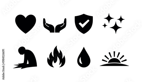 Human feelings: love heart, empathy hands, trust shield, joy sparkles, fear shadow, anger flame, sadness tear drop, hope sunrise.
