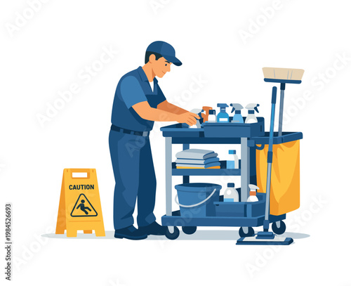 A janitorial service moment focused on maintaining cleanliness standards in a structured setting, where a worker organizes tools and completes tasks efficiently,