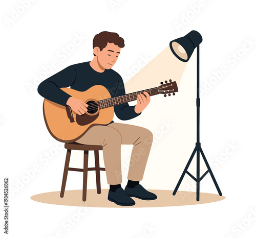 A solo performer practicing and presenting music in a controlled environment, illustrating skill, dedication, and personal creativity in artistic work, a guitar paired