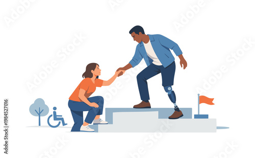 An organization fostering equal opportunities and accessible participation for everyone, illustrated by two individuals helping each other step onto a single platform,