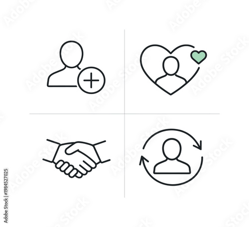 Customer acquisition and retention concept highlighting relationship building loyalty and long term business value in a clean modern vector system, a user icon with plus