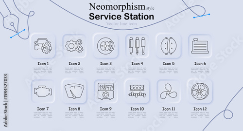 Service station set icon. Car repair, gears, brake disc, suspension, clutch, radiator, engine, gauge, motor block, crankshaft, fan, wheel, automotive maintenance, garage service.
