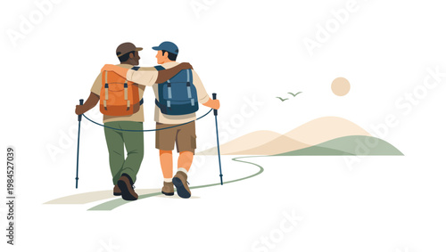 Two friends hiking together through a minimal landscape, supporting each other and sharing the experience of outdoor adventure, visual metaphor of two figures connected