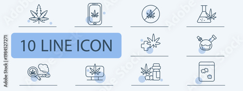 Cannabis set icon. Leaf, phone screen, crossed leaf sign, flask, medical cross, bong, magnifier, monitor, bottle, jar. Marijuana culture, lab use, retail, smoking related visuals.