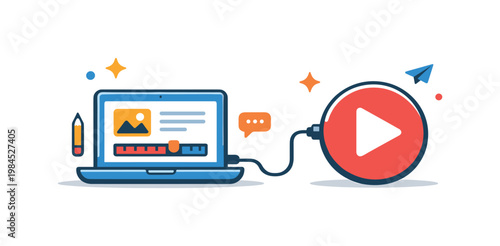 Content creation process focused on producing digital media and engaging materials for online platforms and business use, a laptop connected to a simple play button icon