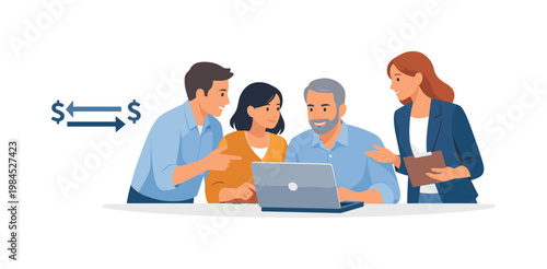 A team aligning financial flow understanding during a collaborative planning discussion, gathered near a laptop while interacting with a simple bidirectional flow symbol