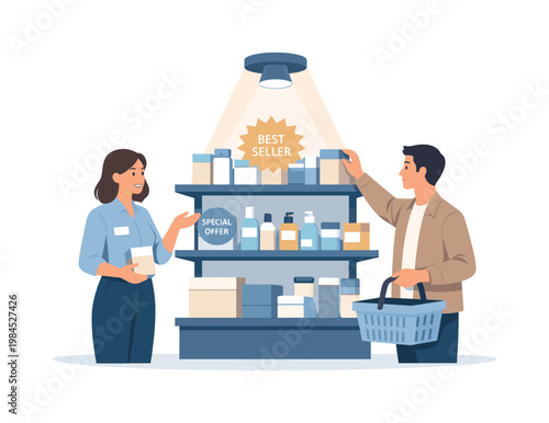 A retail product display setup in a clean commercial environment where items are arranged to attract customer attention and highlight features, representing merchandising