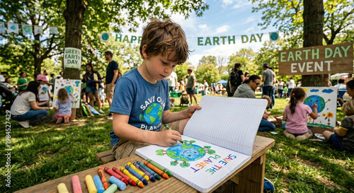 Young boy coloring earth day poster in notebook during outdoor event.
