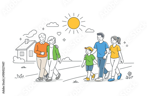 Family walk daily routine scenario showing relatives spending quality time together during a casual walk in a familiar environment, with a simple house and a single sun