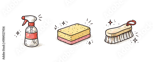 Simple home cleaning kit theme a horizontal row of 3 related hand-drawn objects on a white background: a small spray bottle with a tiny red label, a simple sponge with