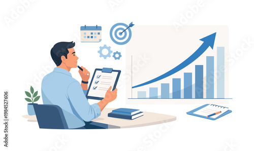 Performance improvement scene where an individual tracks progress and observes positive results over time, emphasizing measurement, planning, and continuous development,