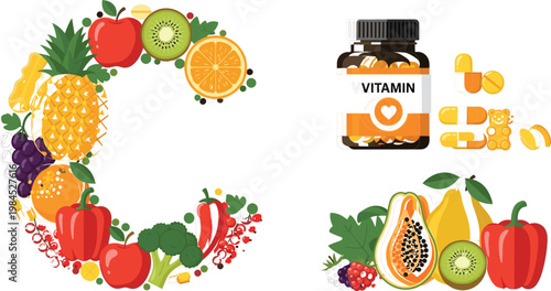 Vitamin C Letter Made of Fresh Fruits with Orange, Pineapple, Papaya, and Supplement Bottle for Health, Nutrition, and Wellness Themes