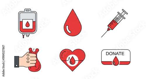 Blood donation icons set medical symbols for healthcare and life saving.