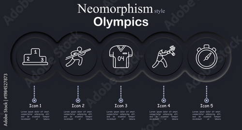 Olympics set icon. Neomorphic dark interface circles with line symbols of winner podium numbers, javelin throw athlete, sport jersey number, badminton player racket