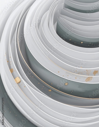 Artistic spiral design in neutral tones with subtle gold accents showcasing layers of paper and texture