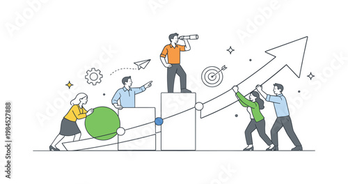 Business partnership growth strategy scenario showing a small team working together to expand opportunities and scale operations collaboratively, using a shared upward