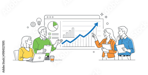 Business analytics data-driven scene showing professionals analyzing performance metrics and trends in a collaborative office environment, with a dashboard chart and a