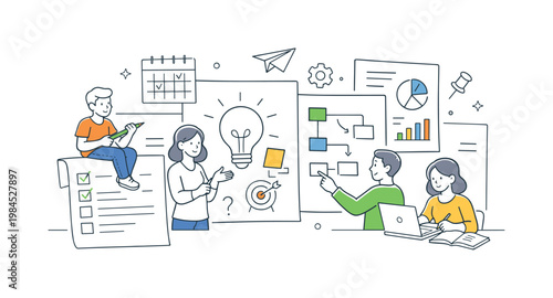 People capturing ideas and planning activities through handwritten notes in educational or business environments, represented through a metaphor of paper pages with