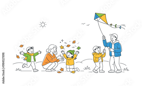 Autumn play family bonding concept illustrating parents and children spending quality time outdoors during seasonal change while engaging in simple activities, using a