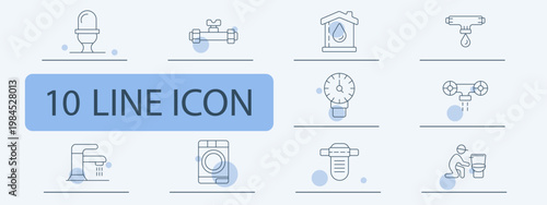 Plumbing set icon. Toilet, pipe, filter, tap, leak, valve, shower, washing machine, drain, repair, sanitation, water supply, maintenance, bathroom